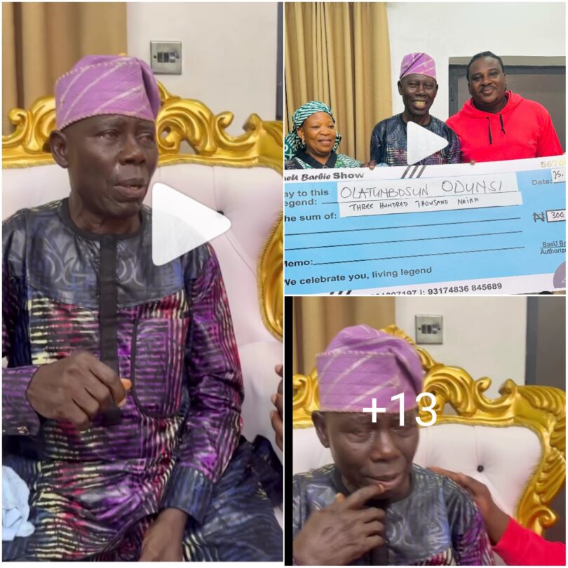 80 years old veteran actor Tunbosun Odunsi burst into tears as skitmaker, Isbae U gifts him money and food items (Watch)